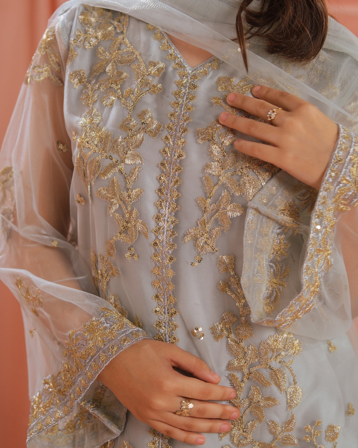 Golden Mist - 3pcs - Sequence Embroidered Net - Festive - Sprinkles Pakistan