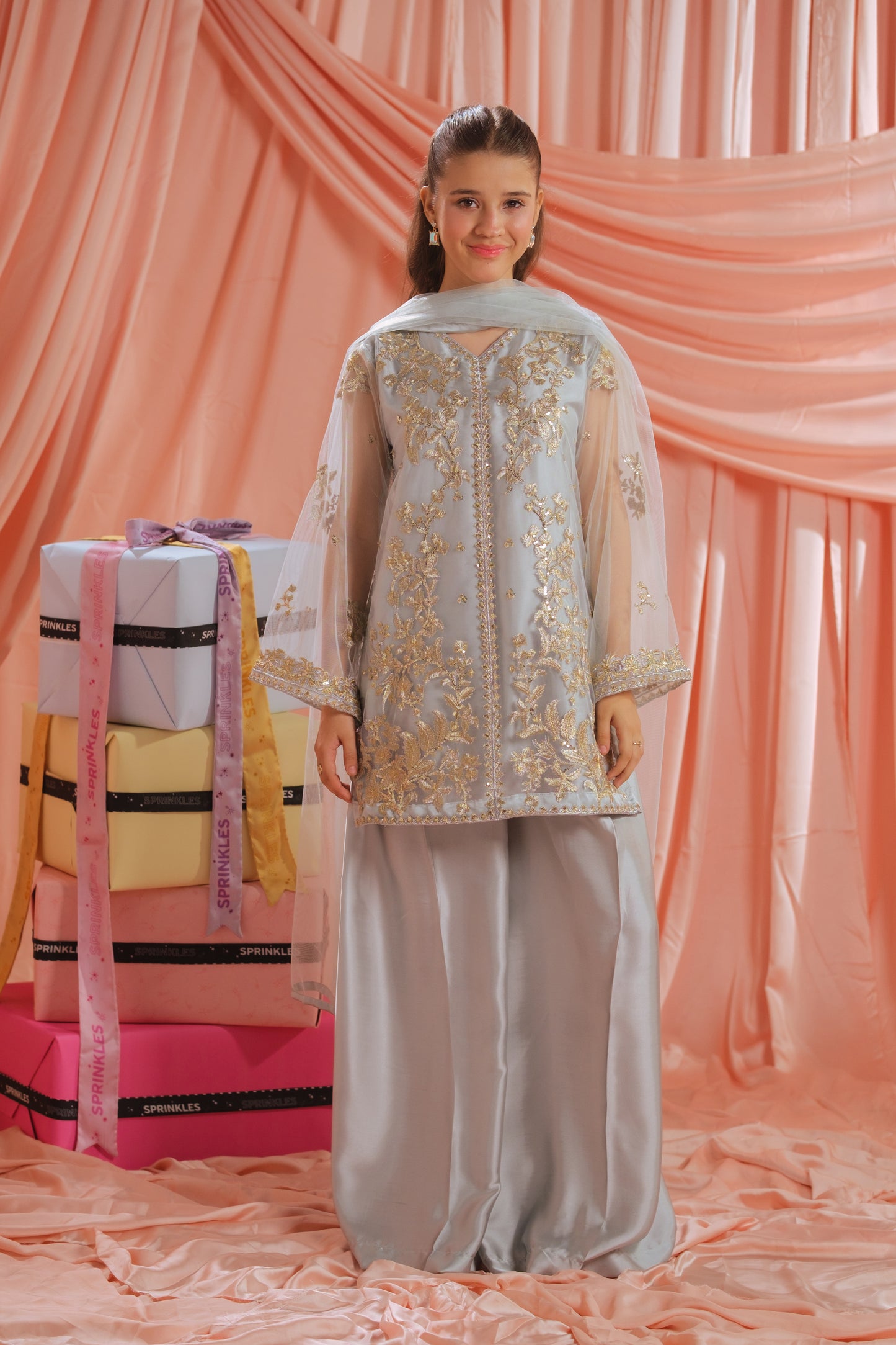 Golden Mist - 3pcs - Sequence Embroidered Net - Festive - Sprinkles Pakistan