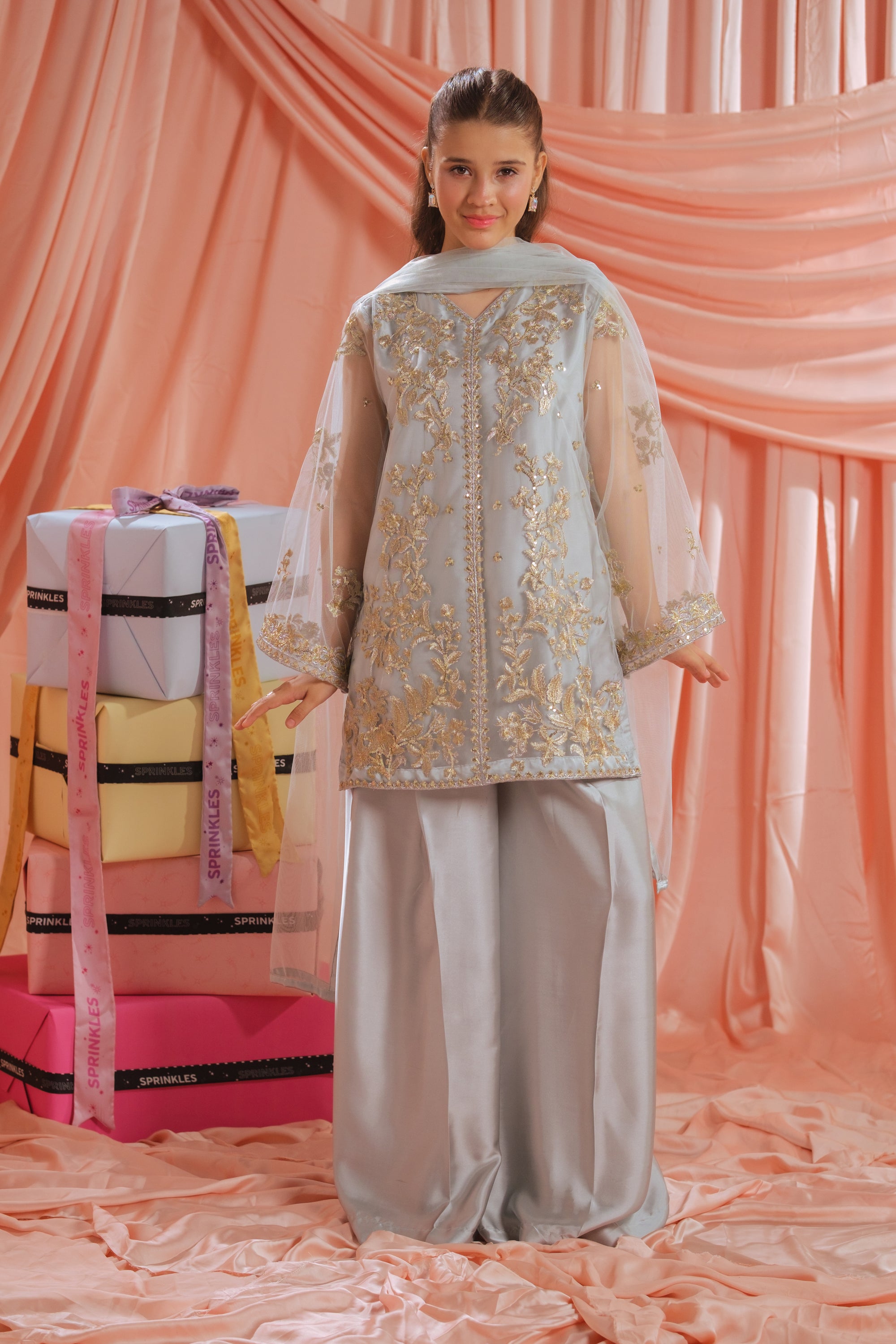 Golden Mist - 3pcs - Sequence Embroidered Net - Festive - Sprinkles Pakistan