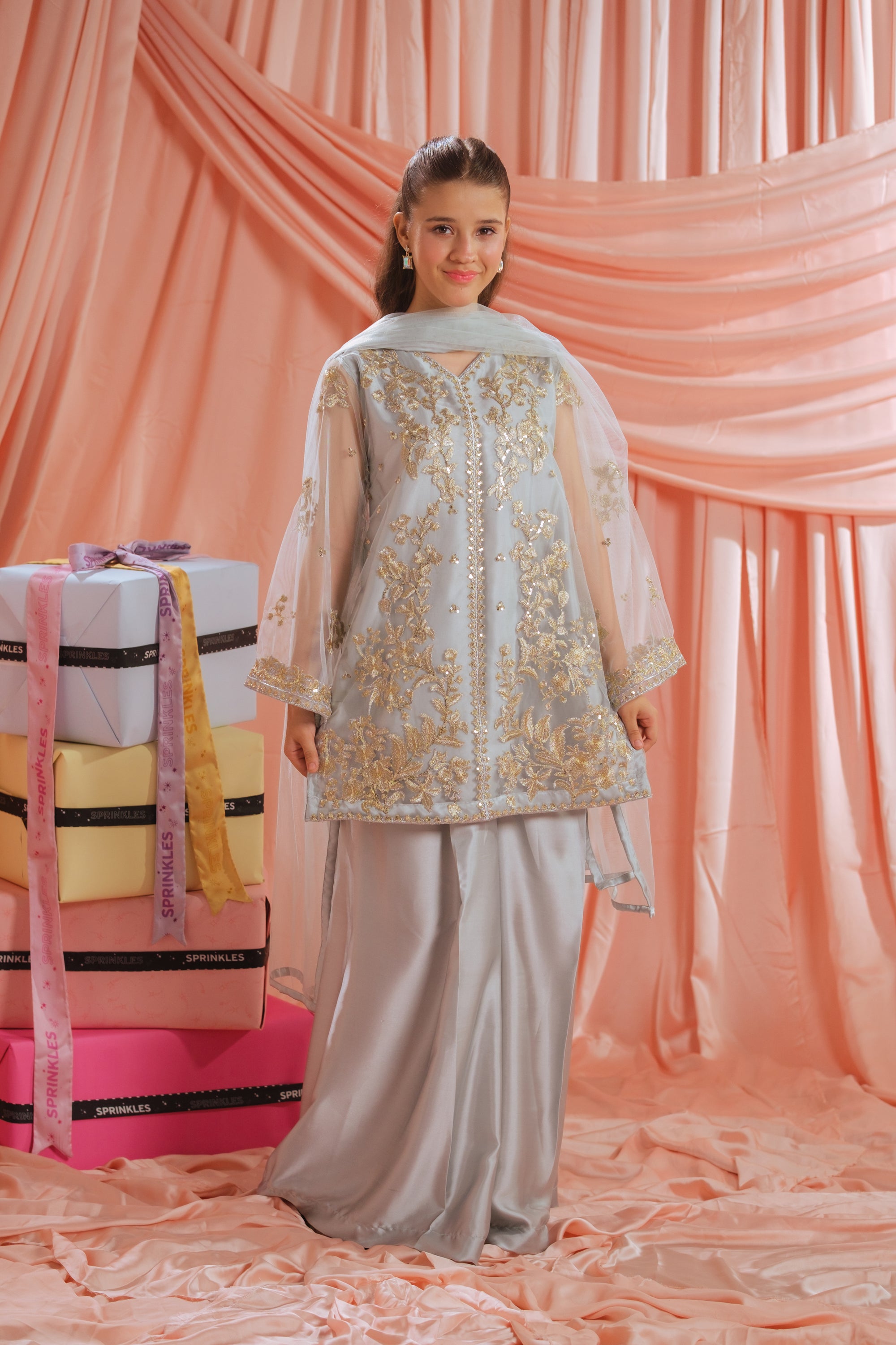 Golden Mist - 3pcs - Sequence Embroidered Net - Festive - Sprinkles Pakistan
