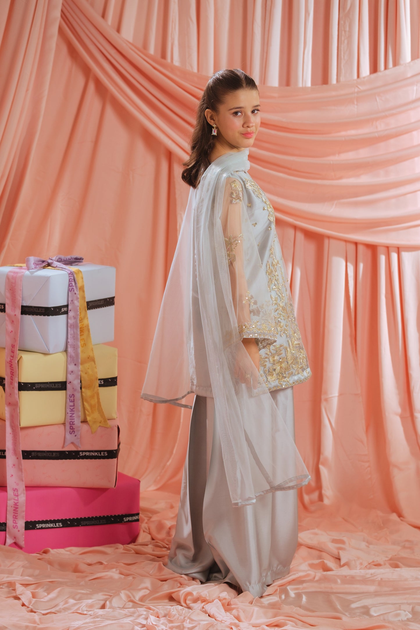 Golden Mist - 3pcs - Sequence Embroidered Net - Festive - Sprinkles Pakistan