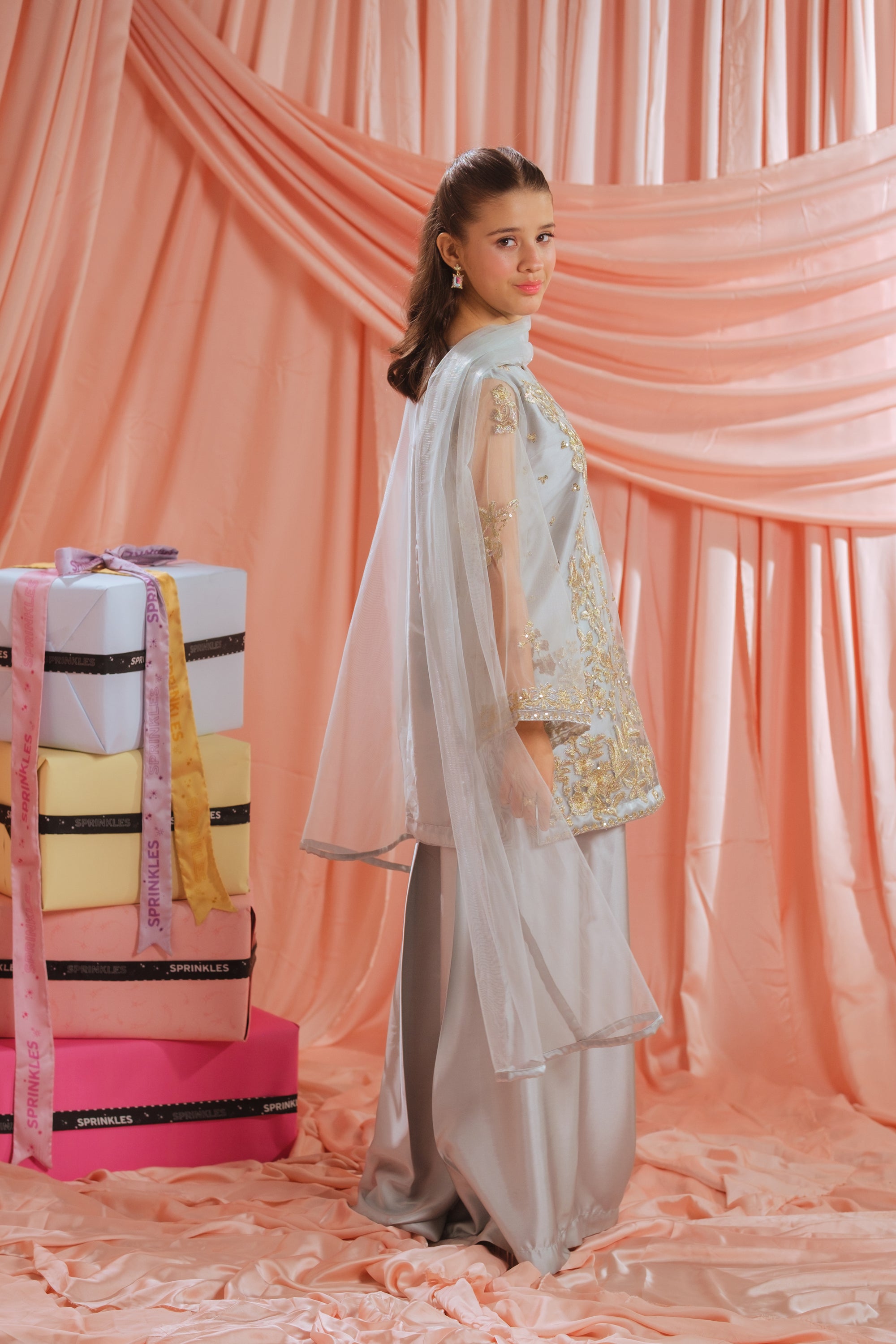 Golden Mist - 3pcs - Sequence Embroidered Net - Festive - Sprinkles Pakistan