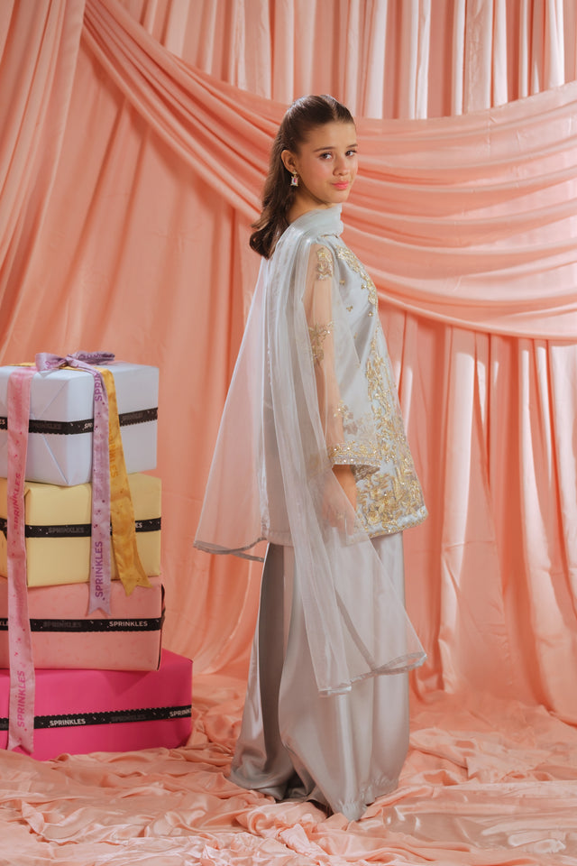 Golden Mist - 3pcs - Sequence Embroidered Net - Festive - Sprinkles Pakistan