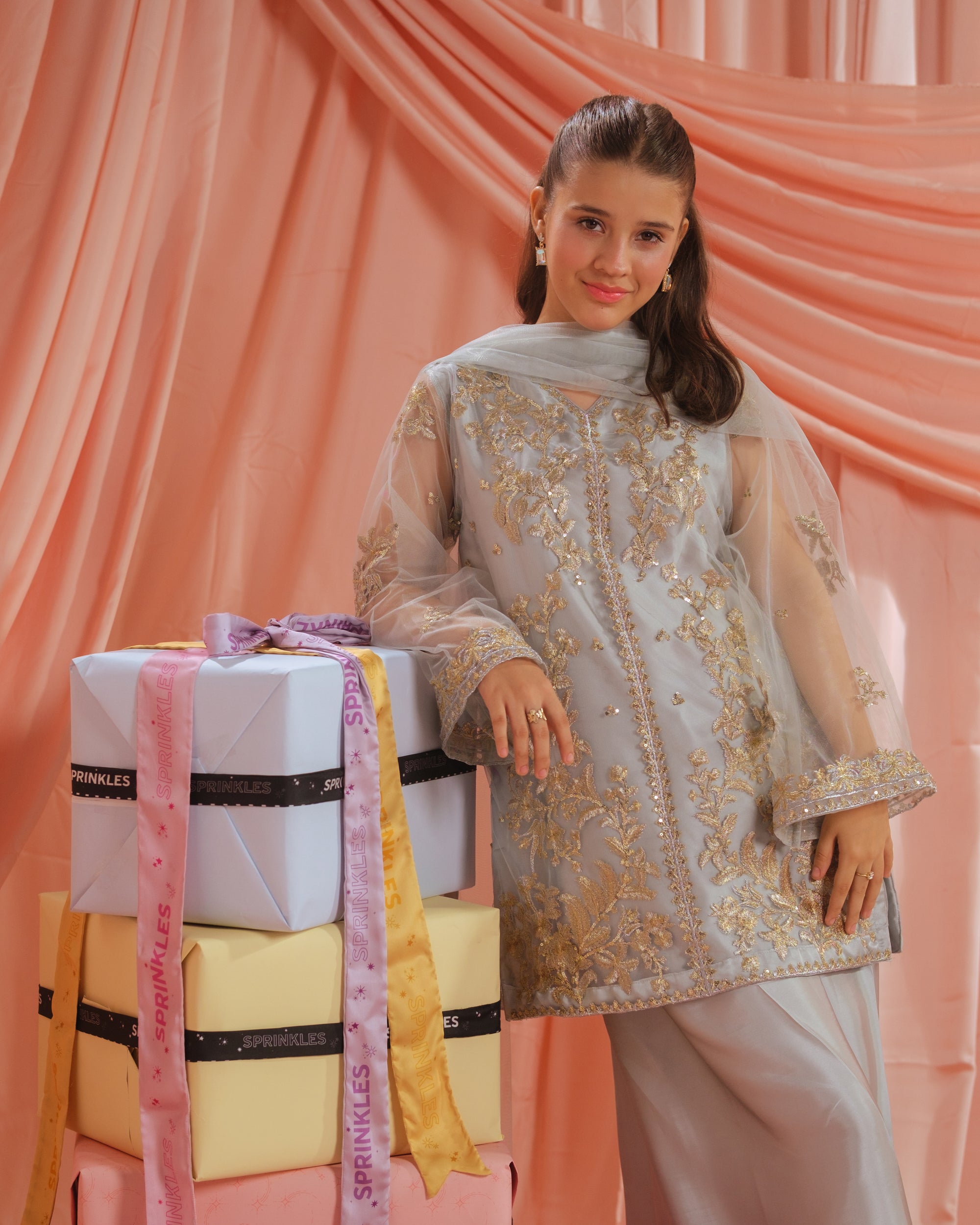 Golden Mist - 3pcs - Sequence Embroidered Net - Festive - Sprinkles Pakistan