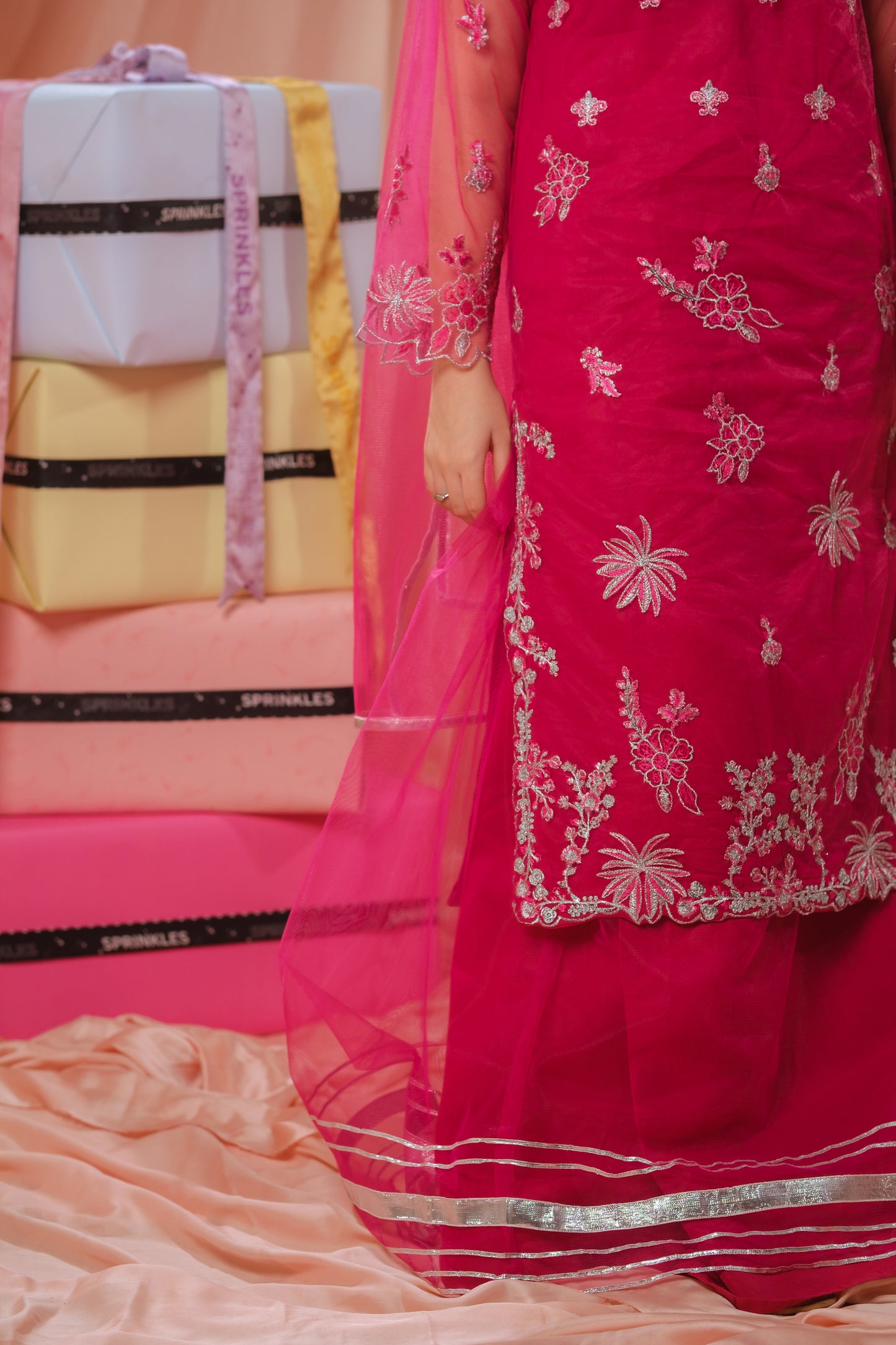 Candy Rose - 3pcs - Sequence Embroidered Net - Festive - Sprinkles Pakistan