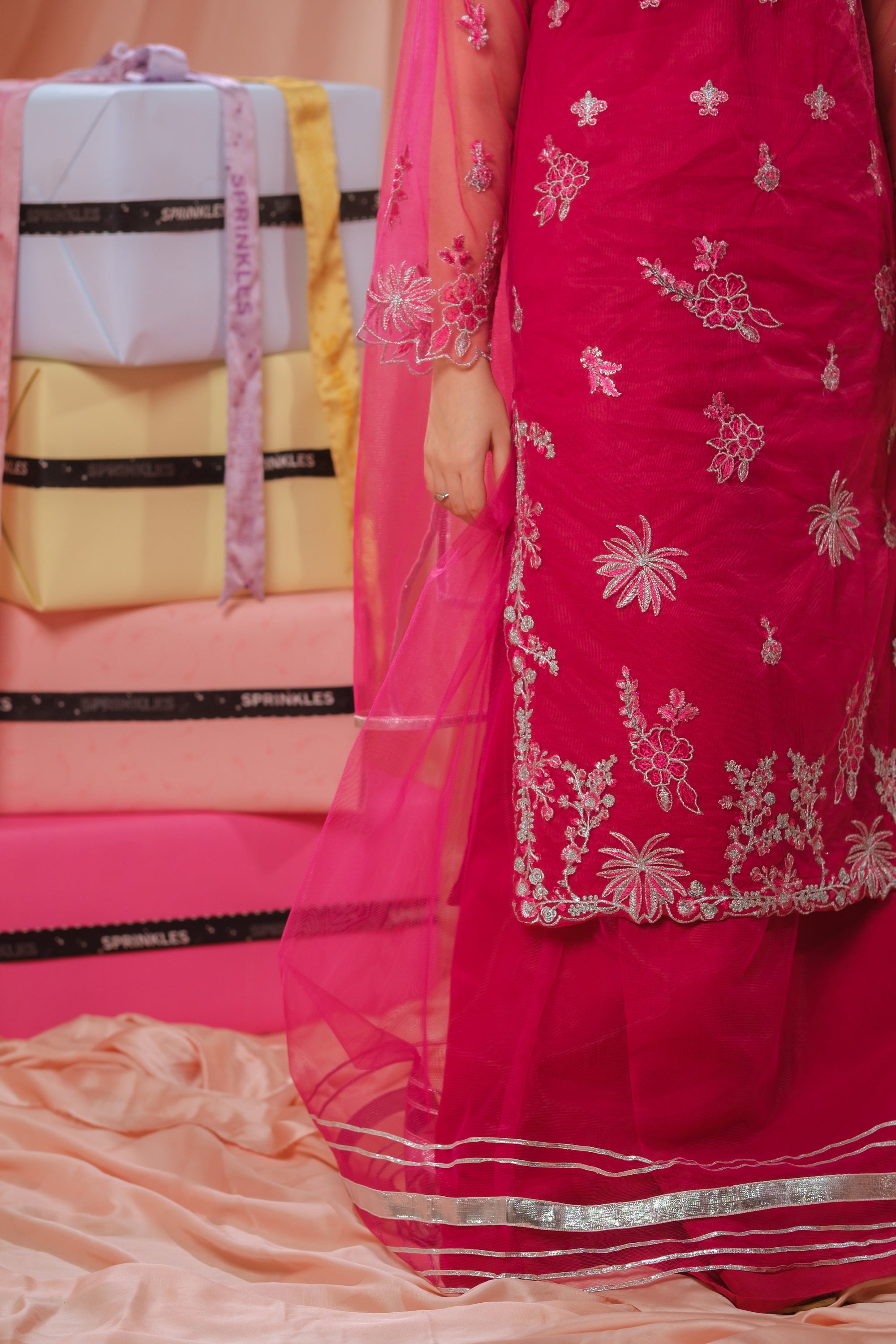 Candy Rose - 3pcs - Sequence Embroidered Net - Festive - Sprinkles Pakistan