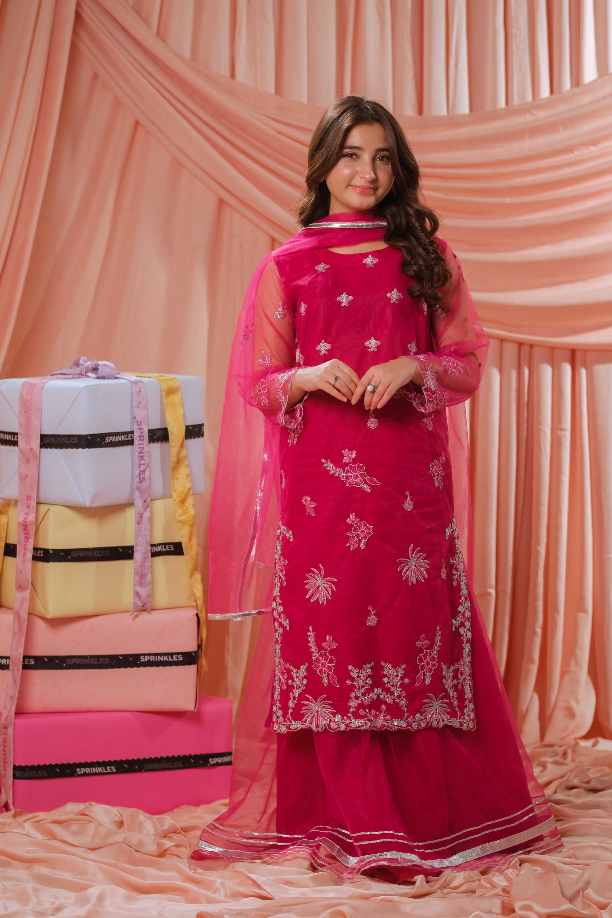 Candy Rose - 3pcs - Sequence Embroidered Net - Festive - Sprinkles Pakistan