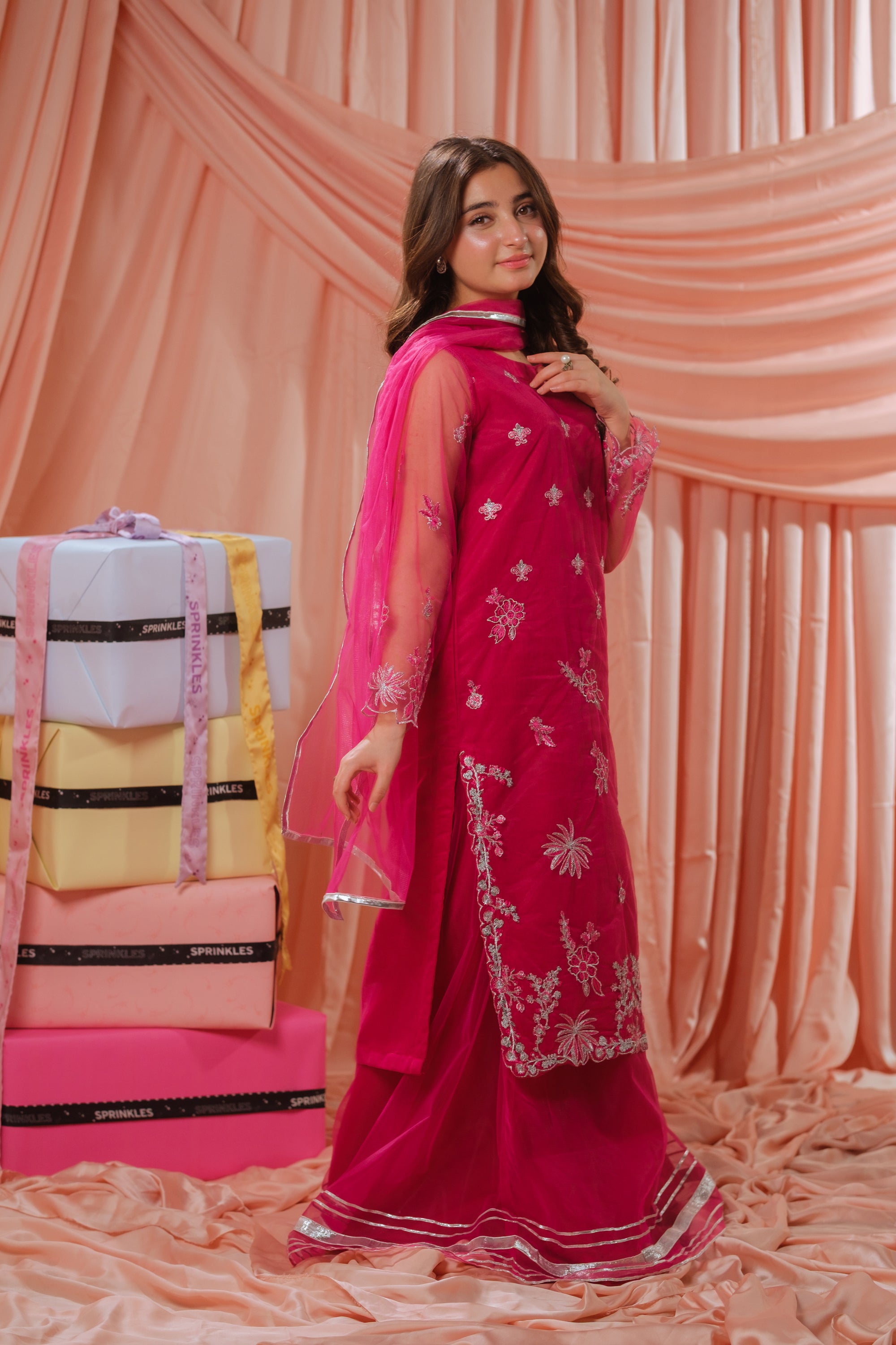 Candy Rose - 3pcs - Sequence Embroidered Net - Festive - Sprinkles Pakistan