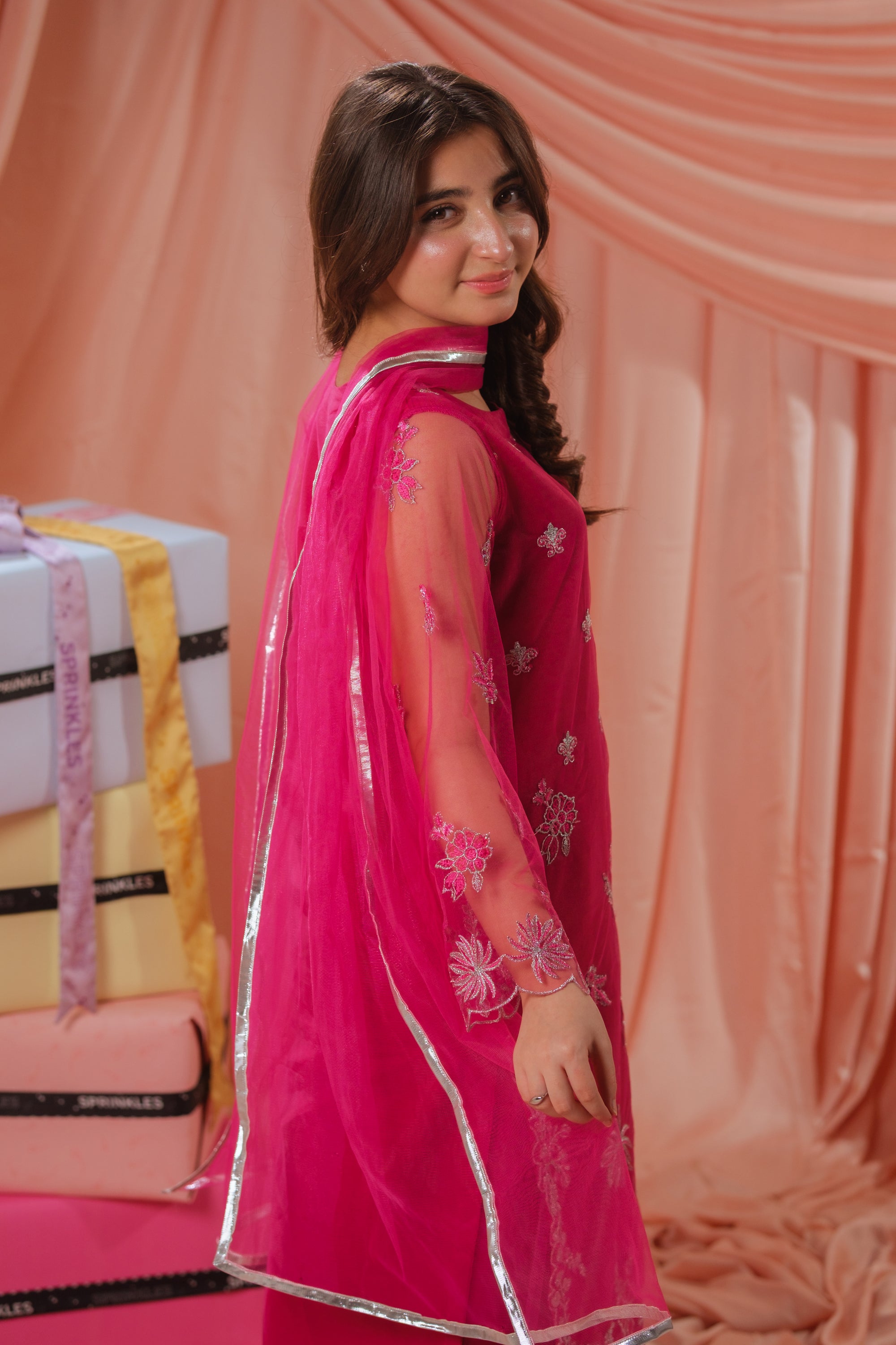 Candy Rose - 3pcs - Sequence Embroidered Net - Festive - Sprinkles Pakistan
