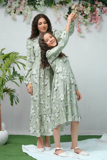 The Duo Green White Flover Print Full Sleeve Tunic Dress