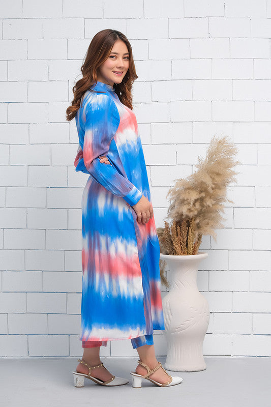 Blue Tie-Dye 2Pcs Cord Set with Long Shirt and Trouser