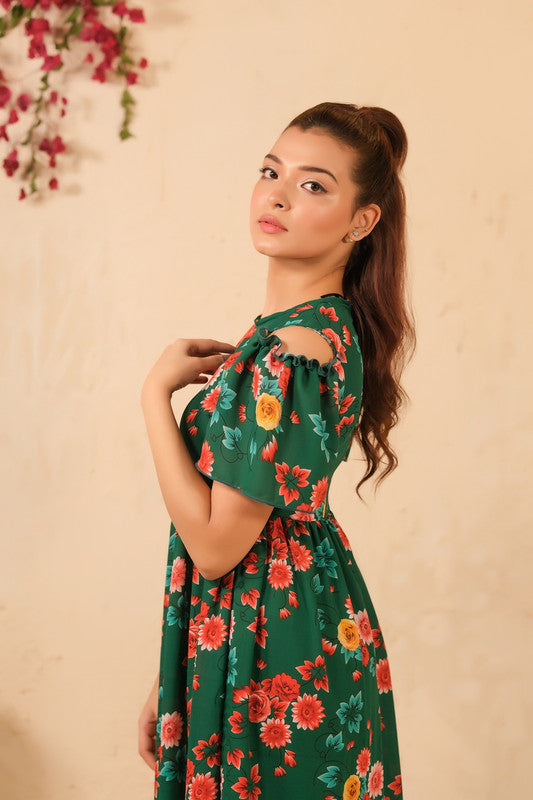 The Duo - Forest Fairy Allover Floral Print Tunic Dress - Soft Summer Crepe - dresses, long-dresses, tunics - Sprinkles Pakistan