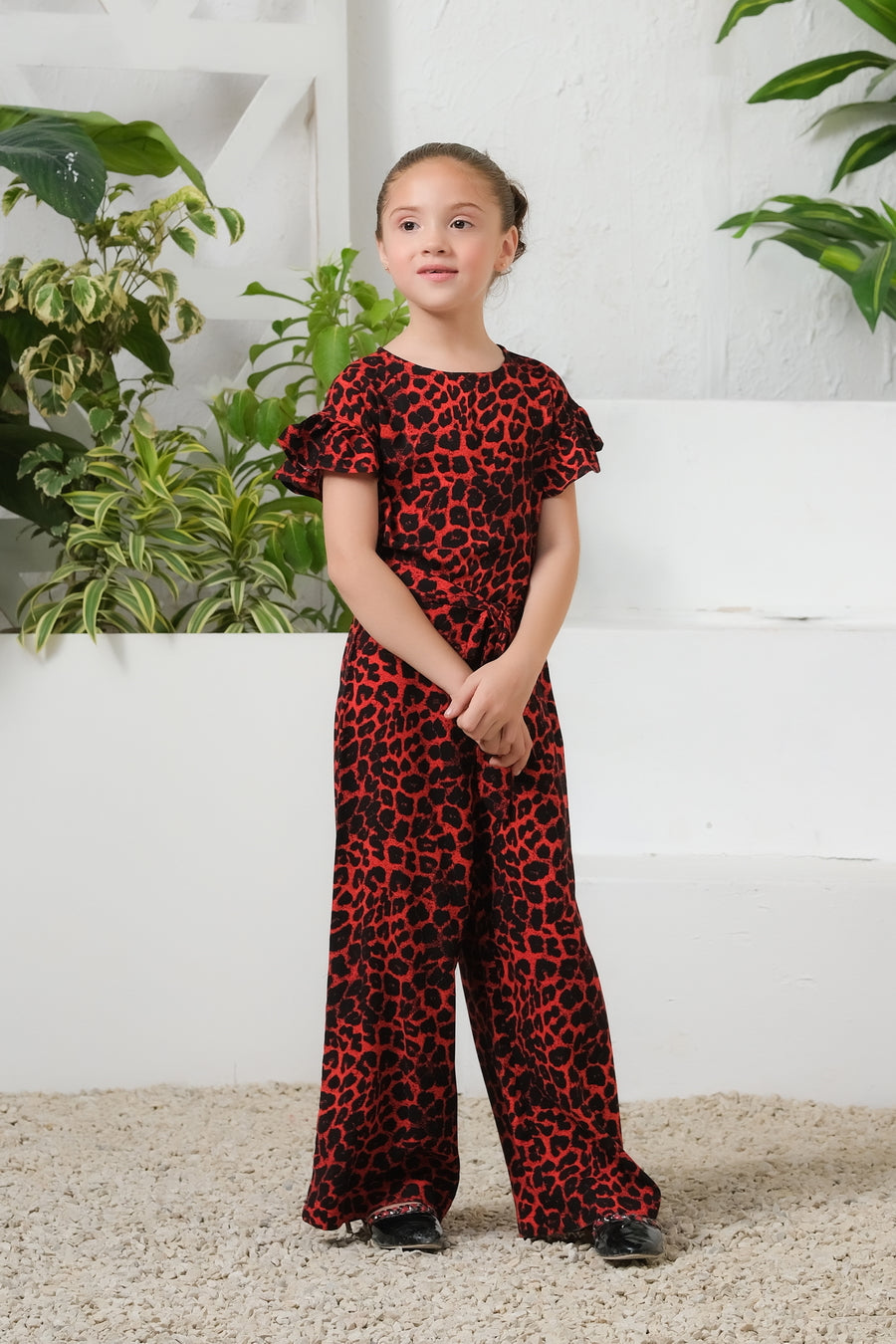 SafariChic - Red Leopard Print Ruffle Trim Belted Jumpsuit