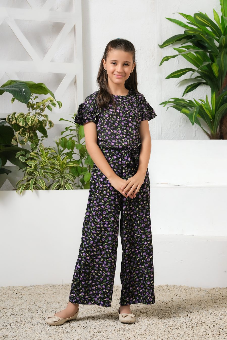 Mystic Garden Allover Floral Print Ruffle Trim Belted Jumpsuit