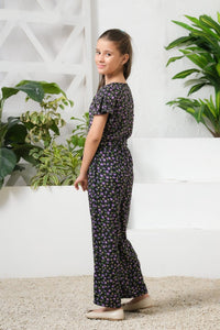 Mystic Garden Allover Floral Print Ruffle Trim Belted Jumpsuit - Summer Boski - dresses, jumpsuits, kids-clearance - Sprinkles Pakistan