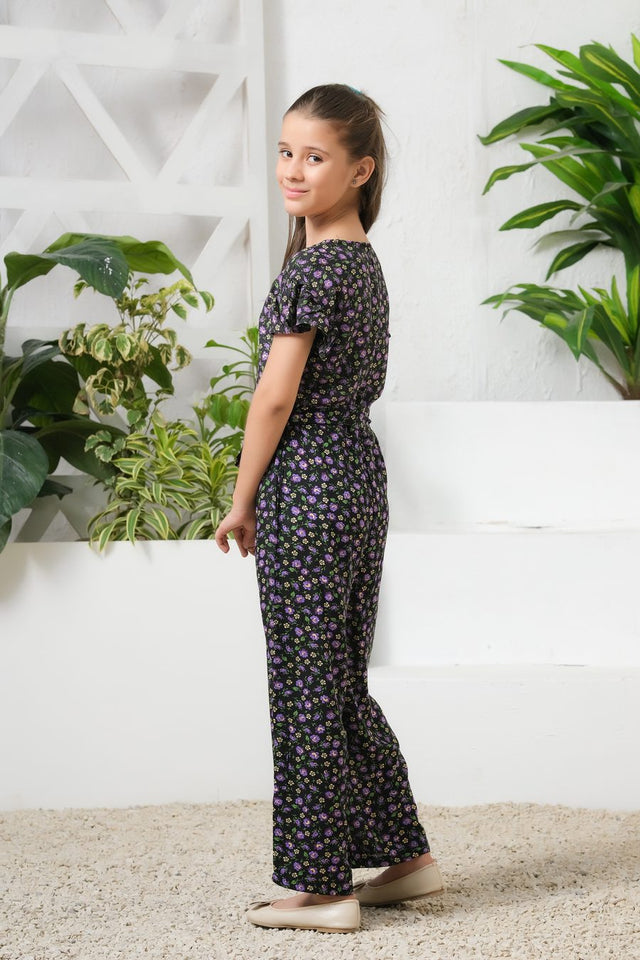 Mystic Garden Allover Floral Print Ruffle Trim Belted Jumpsuit - Summer Boski - dresses, jumpsuits, kids-clearance - Sprinkles Pakistan