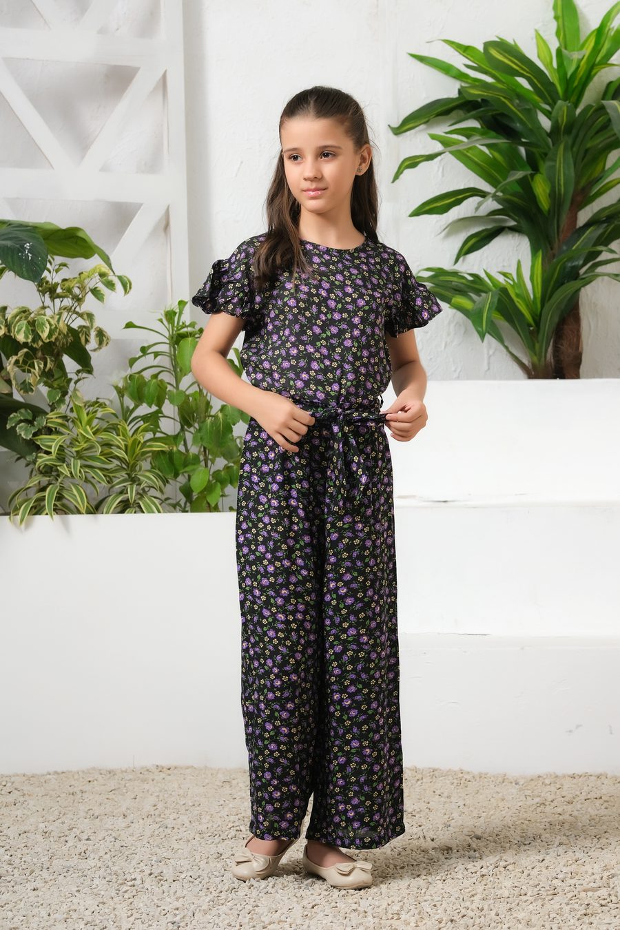 Mystic Garden Allover Floral Print Ruffle Trim Belted Jumpsuit - Summer Boski - dresses, jumpsuits, kids-clearance - Sprinkles Pakistan