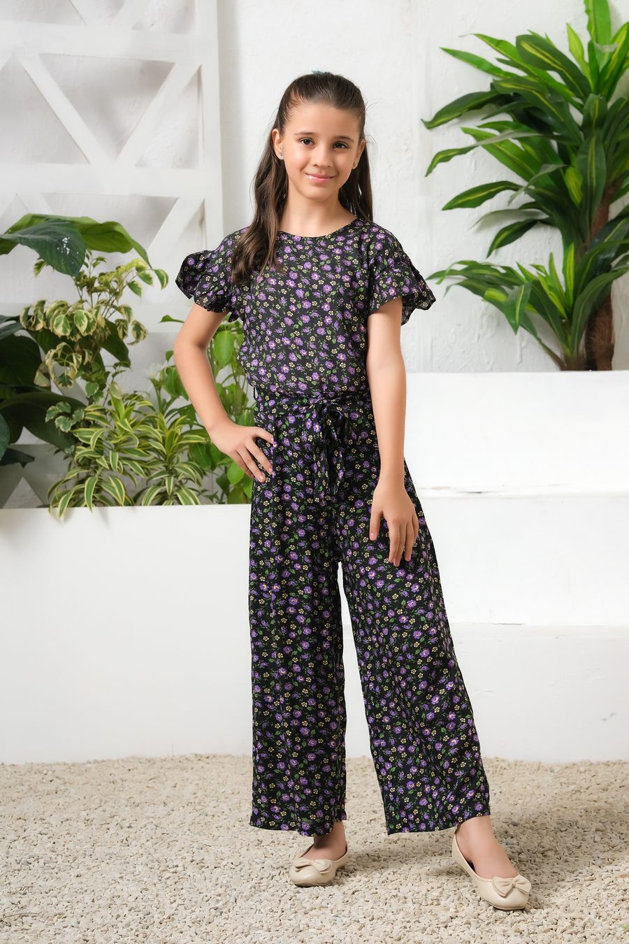 Mystic Garden Allover Floral Print Ruffle Trim Belted Jumpsuit - Summer Boski - dresses, jumpsuits, kids-clearance - Sprinkles Pakistan