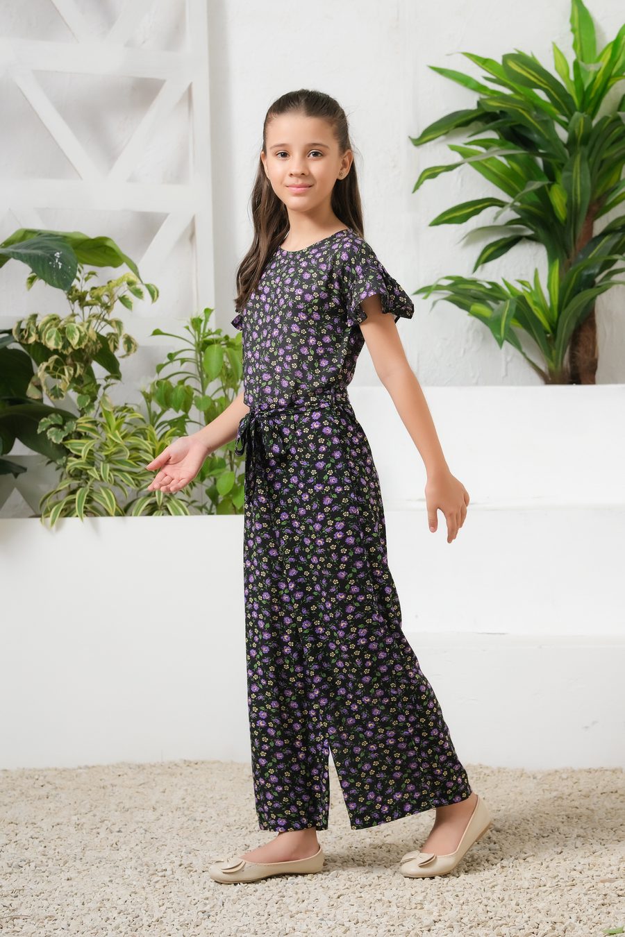 Mystic Garden Allover Floral Print Ruffle Trim Belted Jumpsuit - Summer Boski - dresses, jumpsuits, kids-clearance - Sprinkles Pakistan