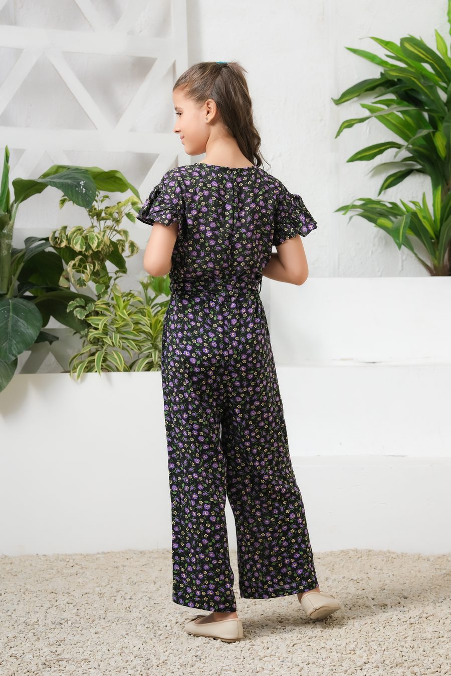 Mystic Garden Allover Floral Print Ruffle Trim Belted Jumpsuit - Summer Boski - dresses, jumpsuits, kids-clearance - Sprinkles Pakistan