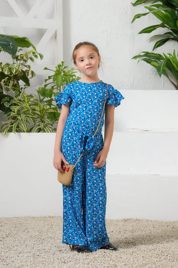 Sky Petal Allover Floral Print Ruffle Trim Belted Jumpsuit