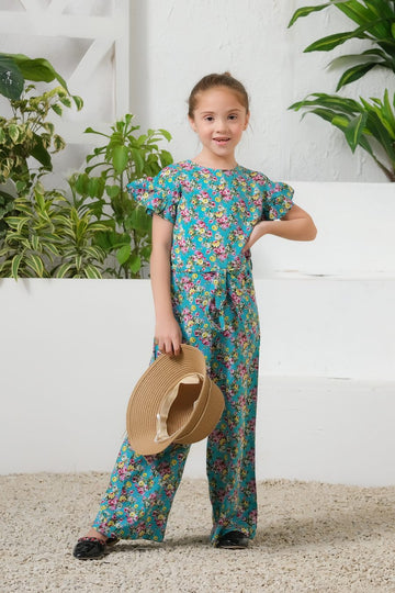 Tropical Lagoon Allover Floral Print Ruffle Trim Belted Jumpsuit