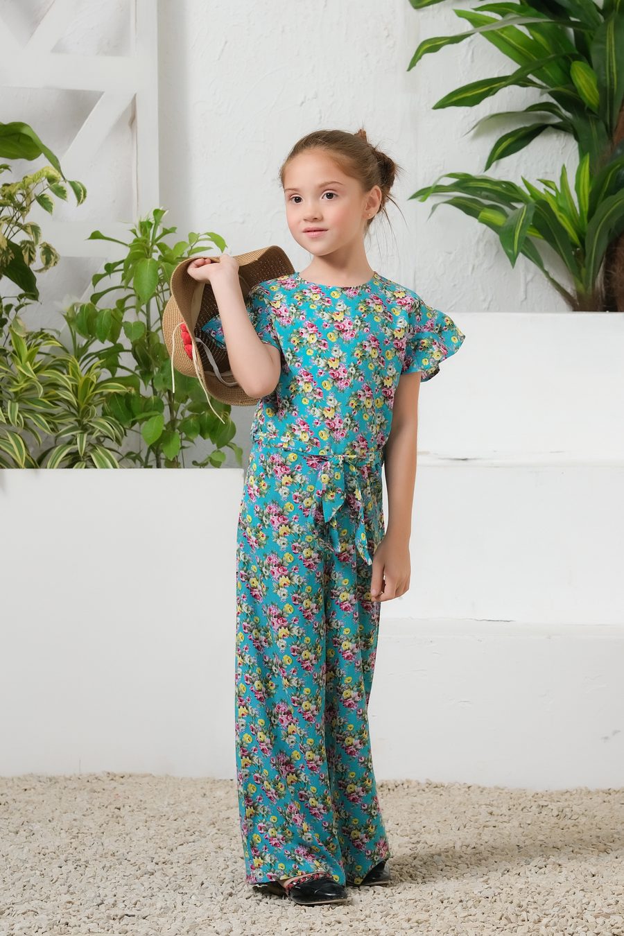 Tropical Lagoon Allover Floral Print Ruffle Trim Belted Jumpsuit