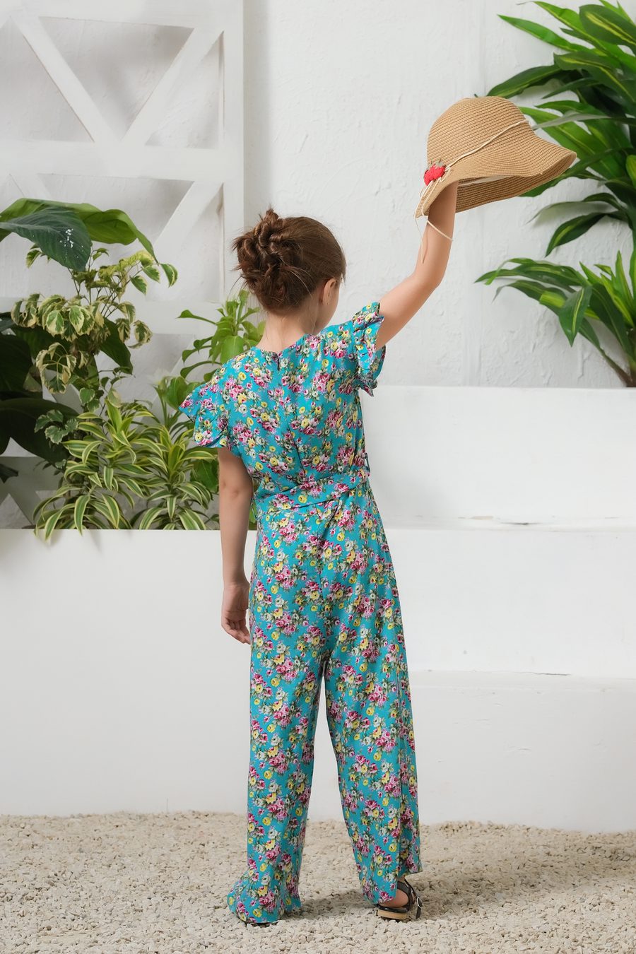 Tropical Lagoon Allover Floral Print Ruffle Trim Belted Jumpsuit