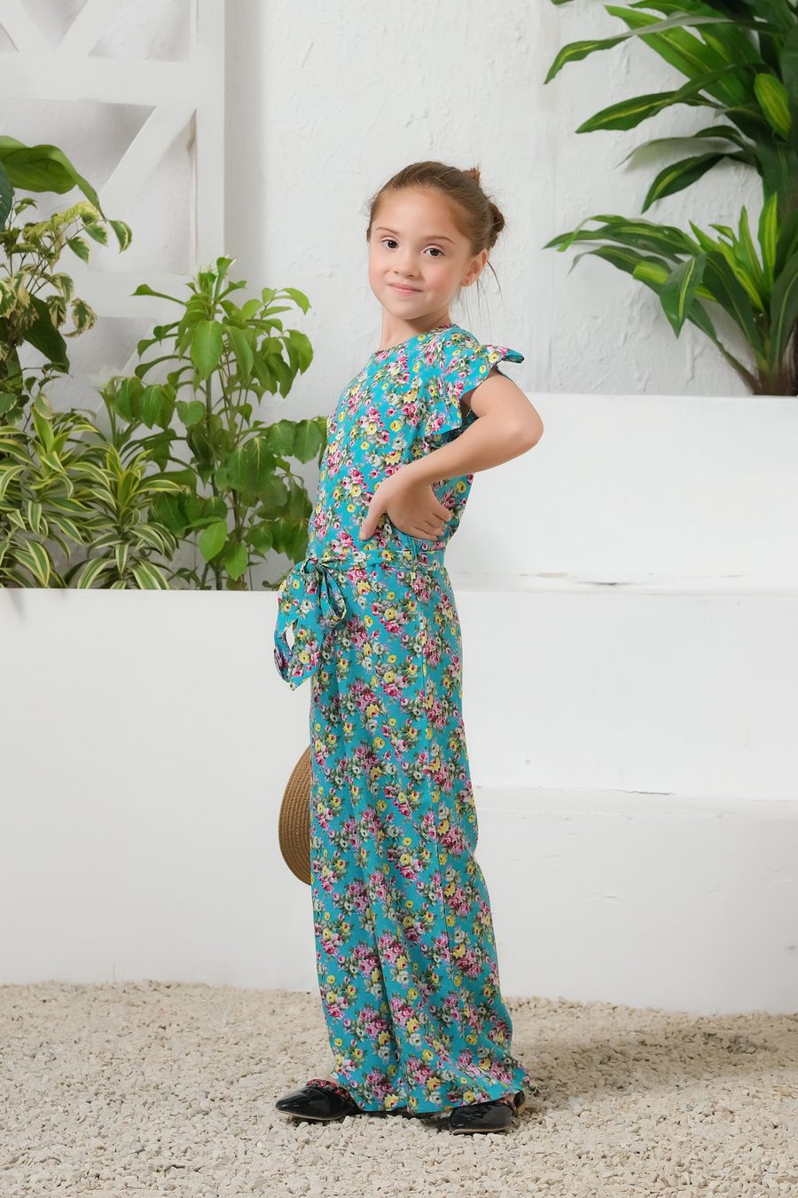 Tropical Lagoon Allover Floral Print Ruffle Trim Belted Jumpsuit