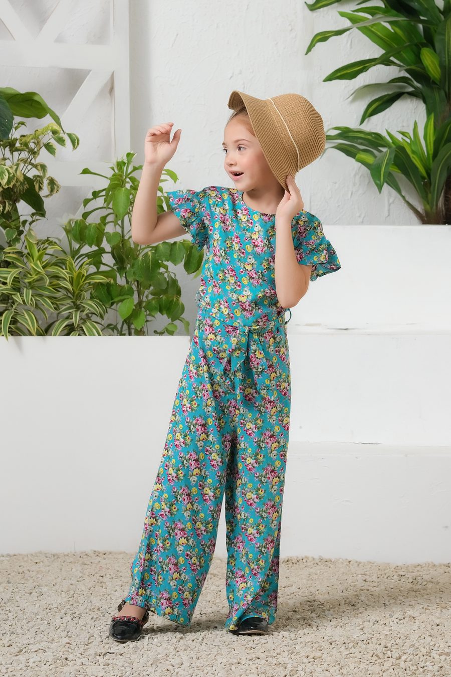 Tropical Lagoon Allover Floral Print Ruffle Trim Belted Jumpsuit
