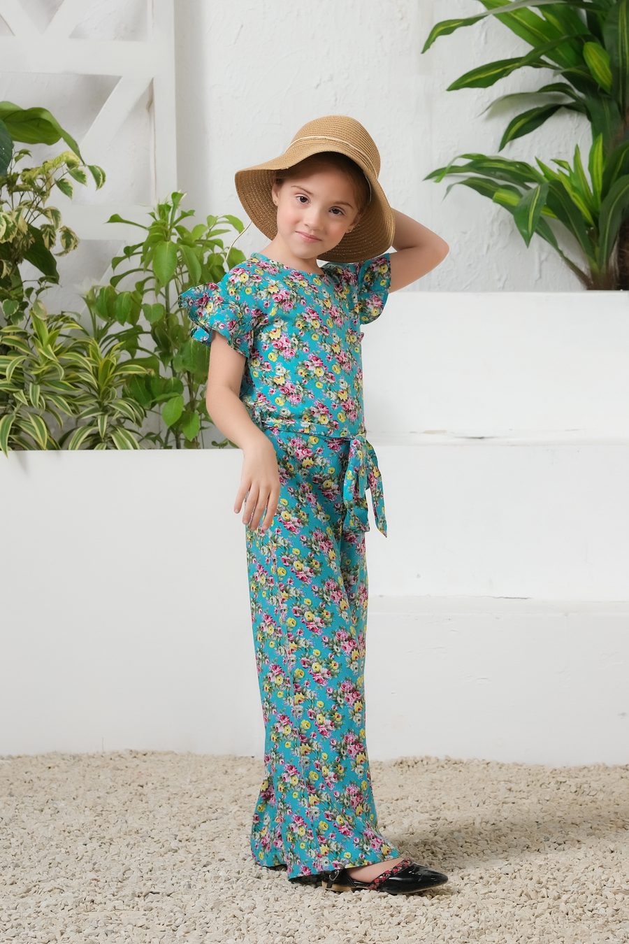 Tropical Lagoon Allover Floral Print Ruffle Trim Belted Jumpsuit