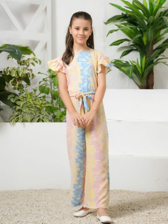 Cosmic Candy Tie-Dye Ruffle Trim Belted Jumpsuit