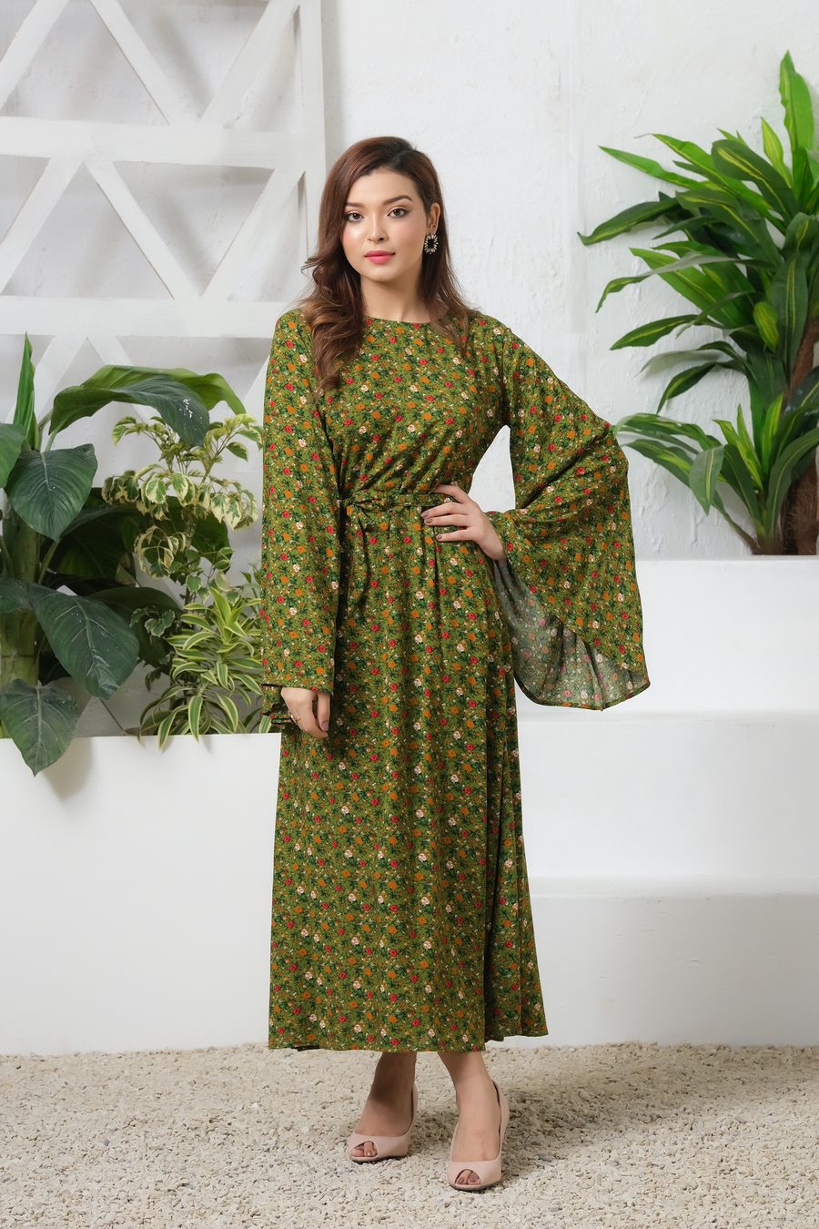 Green Floral Allover Floral Print Tunic Dress - Soft Summer Crepe - The Last Sprinkle - Sprinkles Pakistan