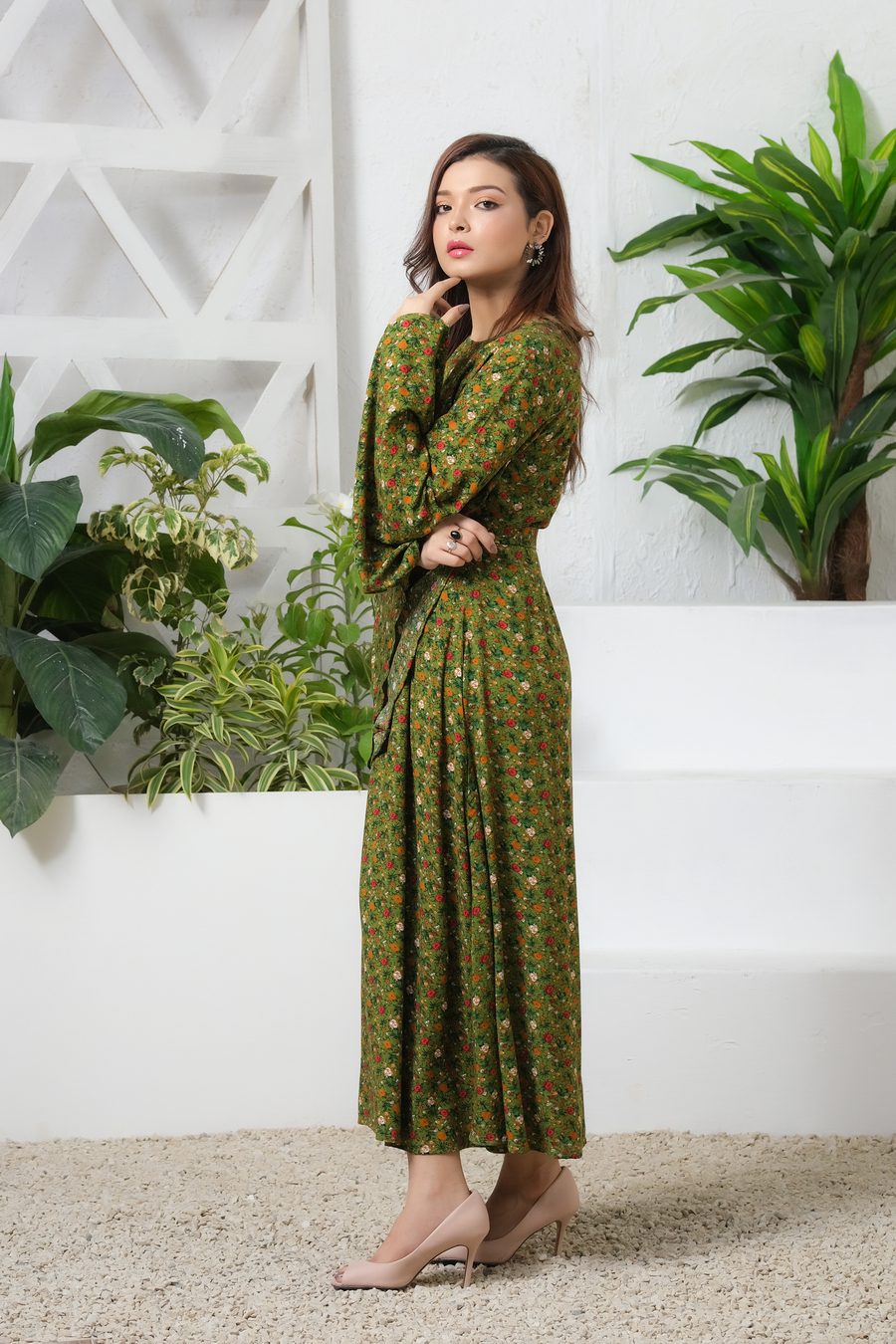 Green Floral Allover Floral Print Tunic Dress - Soft Summer Crepe - The Last Sprinkle - Sprinkles Pakistan