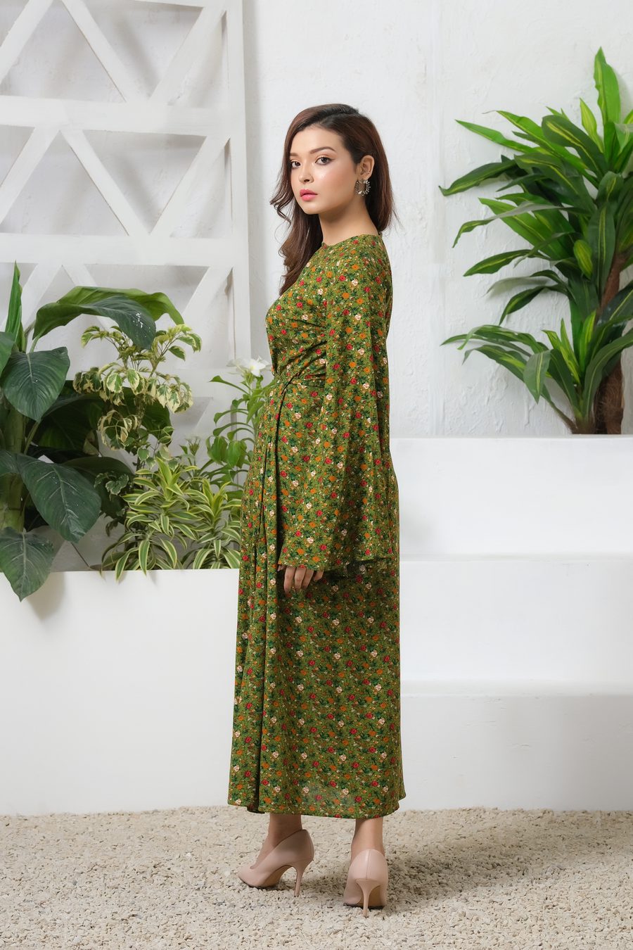 Green Floral Allover Floral Print Tunic Dress - Soft Summer Crepe - The Last Sprinkle - Sprinkles Pakistan