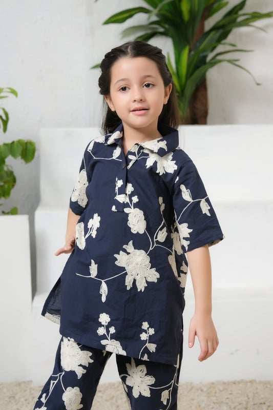 Navy Blue Flower Embroidery 2PCS Co-Ord Set