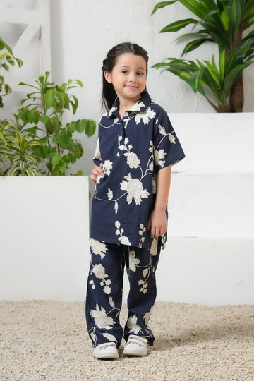 Navy Blue Flower Embroidery 2PCS Co-Ord Set