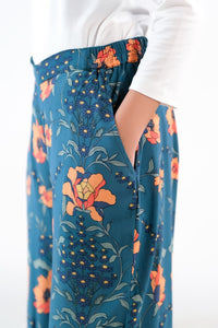 Teal Floral Wide Leg Pant - Soft Summer Crepe - bottoms, pants, women-bottom, women-clearance - Sprinkles Pakistan