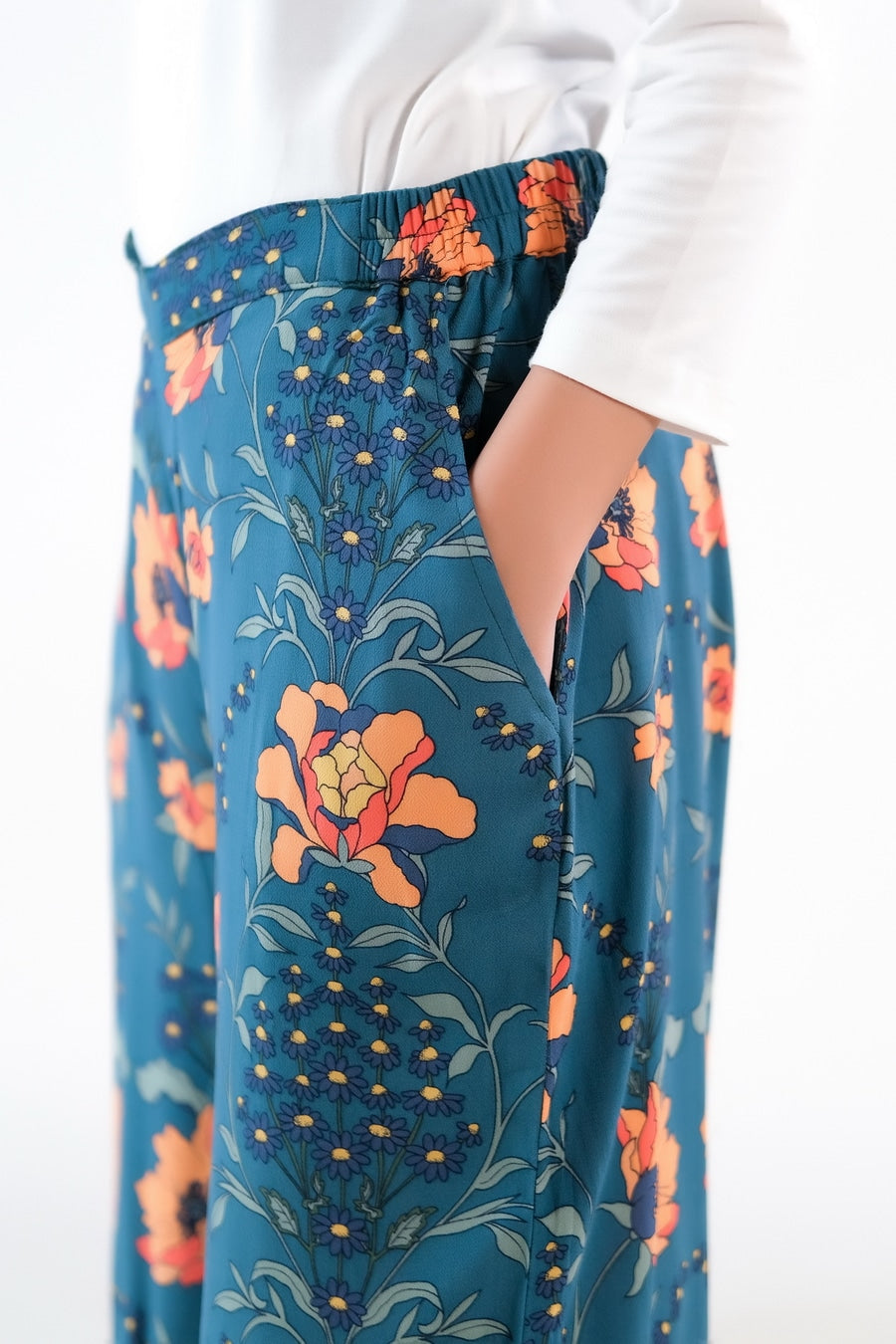 Teal Floral Wide Leg Pant - Soft Summer Crepe - bottoms, pants, women-bottom, women-clearance - Sprinkles Pakistan