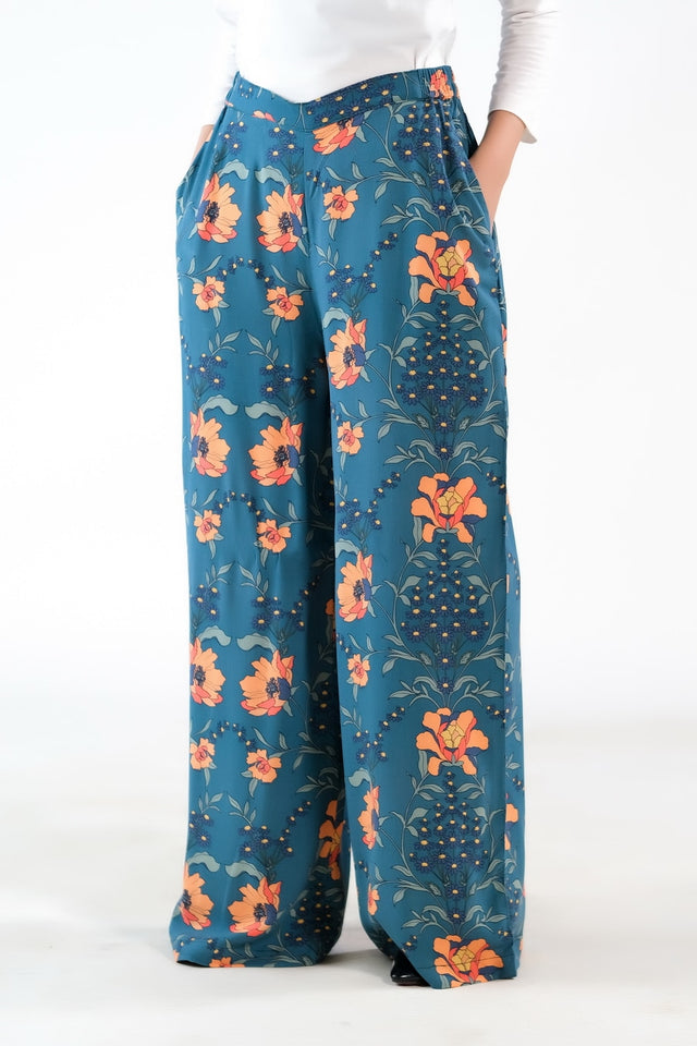 Teal Floral Wide Leg Pant - Soft Summer Crepe - bottoms, pants, women-bottom, women-clearance - Sprinkles Pakistan