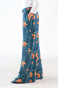 Teal Floral Wide Leg Pant - Soft Summer Crepe - bottoms, pants, women-bottom, women-clearance - Sprinkles Pakistan