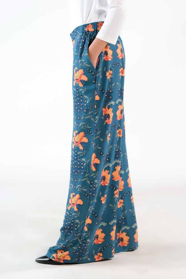 Teal Floral Wide Leg Pant - Soft Summer Crepe - bottoms, pants, women-bottom, women-clearance - Sprinkles Pakistan