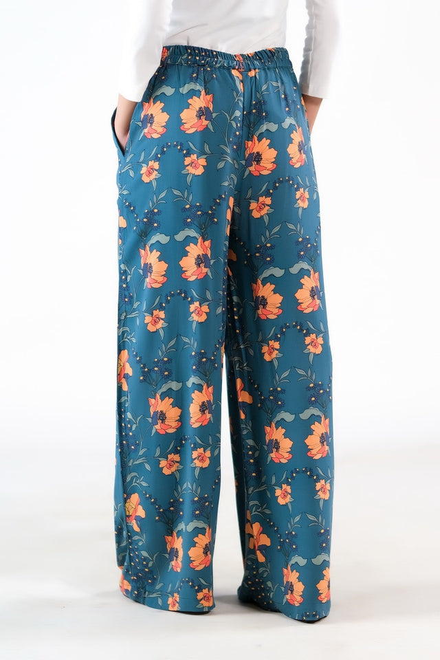 Teal Floral Wide Leg Pant - Soft Summer Crepe - bottoms, pants, women-bottom, women-clearance - Sprinkles Pakistan