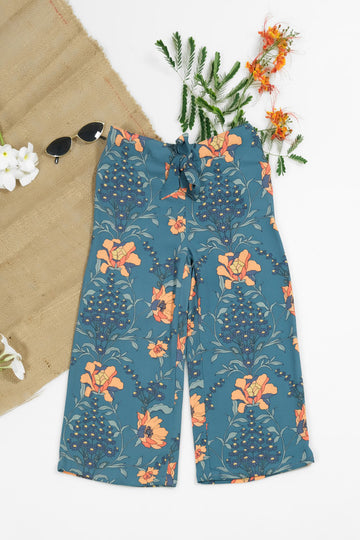 Teal Floral Wide Leg Pant Knot Front
