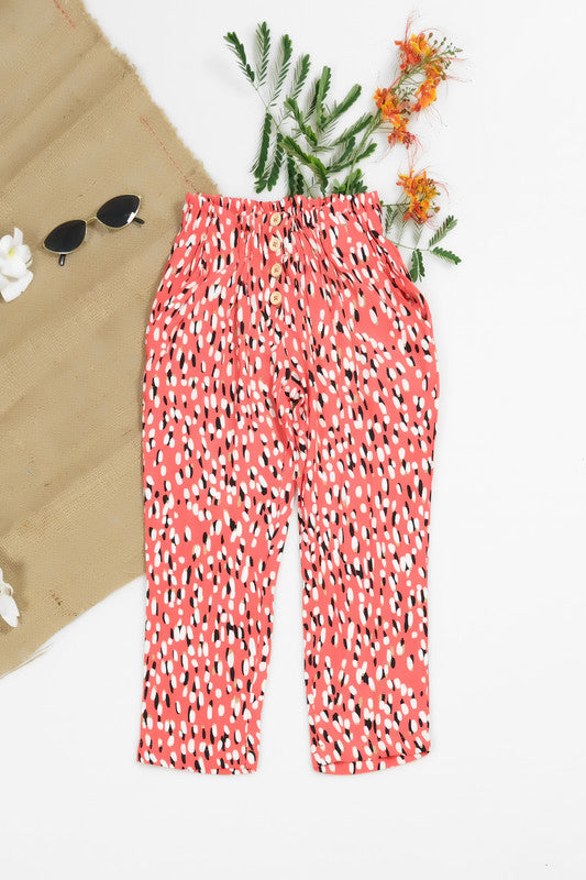 Red Floral Straight Pant Front Button - Soft Summer Crepe - bottoms, grand-sale, bottom, pants, kids-clearance - Sprinkles Pakistan
