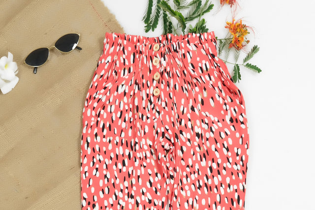 Red Floral Straight Pant Front Button