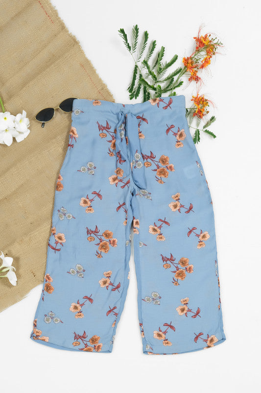 Sky Floral Wide Leg Pant Knot Front - Soft Summer Crepe - bottoms, grand-sale, bottom, pants, kids-clearance - Sprinkles Pakistan