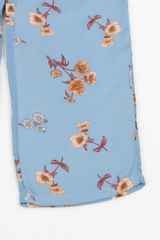 Sky Floral Wide Leg Pant Knot Front - Soft Summer Crepe - bottoms, grand-sale, bottom, pants, kids-clearance - Sprinkles Pakistan