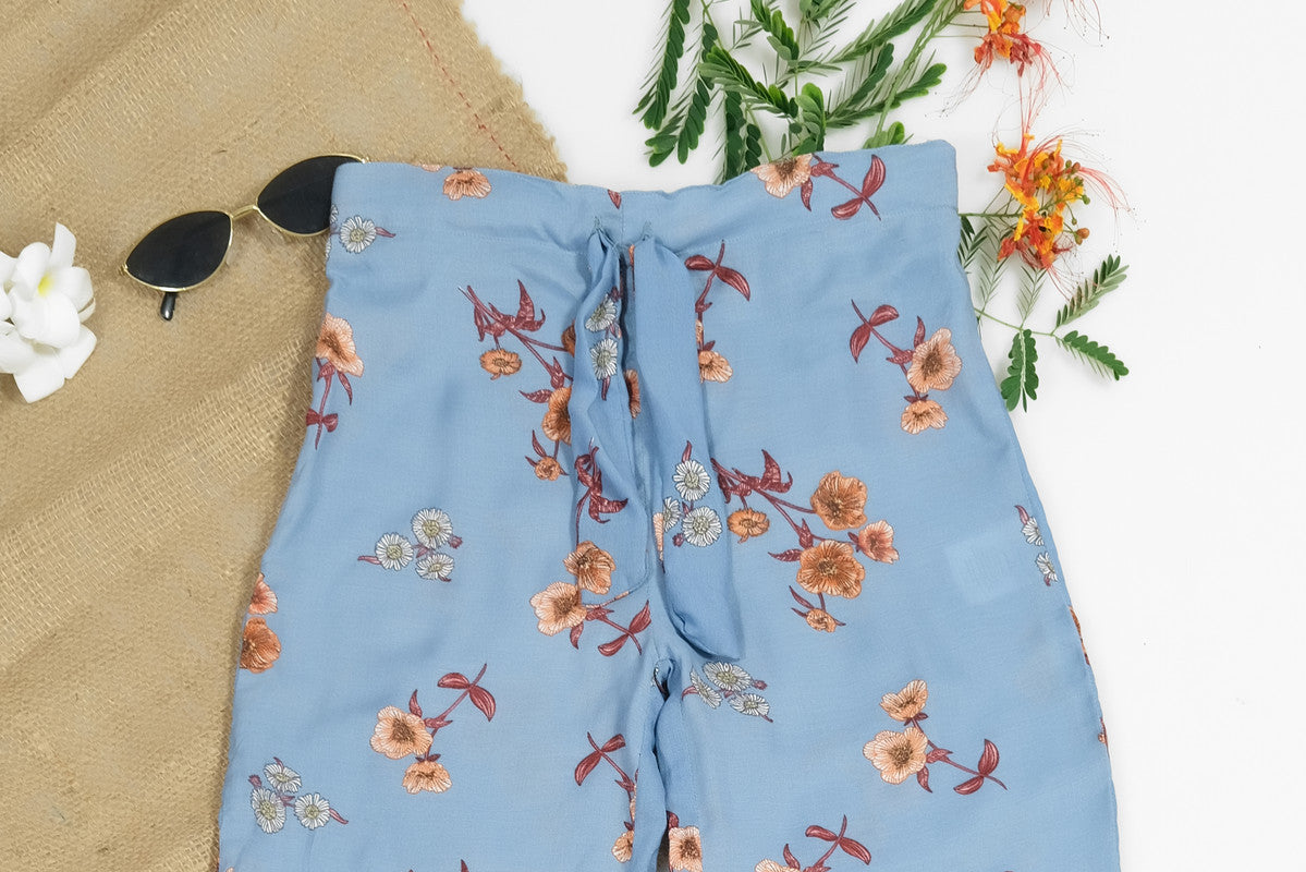 Sky Floral Wide Leg Pant Knot Front - Soft Summer Crepe - bottoms, grand-sale, bottom, pants, kids-clearance - Sprinkles Pakistan
