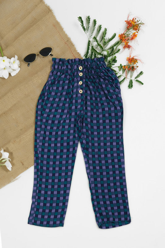 Indigo Gingham Straight Pant Front Button - Soft Summer Crepe - bottoms, grand-sale, bottom, pants, kids-clearance - Sprinkles Pakistan